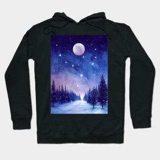 Winter landscape with pink moon - watercolor Hoodie